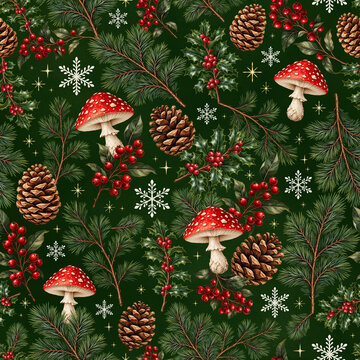 Botanical Christmas seamless pattern with mushrooms, stars, holly and pinecones.