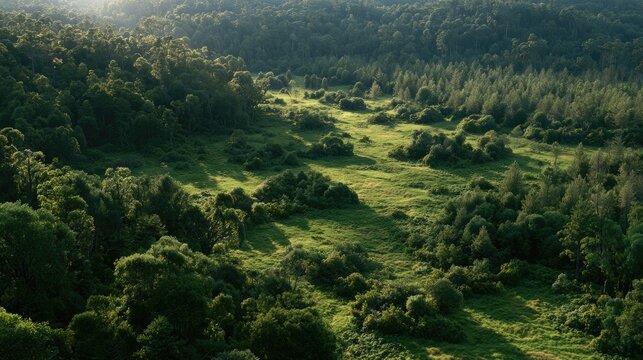 Lush Forest Landscape: An aerial view captures the verdant beauty of a dense forest, with sun-dappled clearings and rolling hills creating a serene and untouched natural environment.