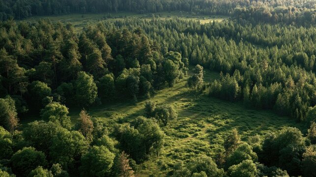 Expansive Forest Canopy: A breathtaking aerial view showcases the lush, dense expanse of a vibrant green forest, with sunlight dappling through the trees.