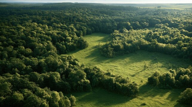 Vast Forest Landscape: An expansive aerial view reveals a dense, verdant forest embracing a sunlit clearing, showcasing the serene beauty of nature's untouched expanse.
