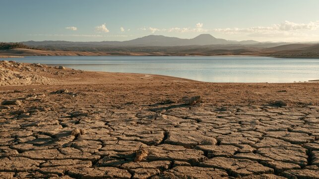 Drought-Stricken Landscape: A stark, parched earth cracked with dry mud stretches towards a receding body of water under a vast, clear sky, signifying environmental hardship and drought.
