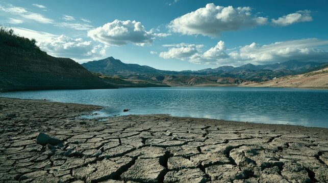 Drought's Scar: A dramatic landscape showcases the stark reality of drought, with parched, cracked earth meeting the receding blue waters of a lake, under a vast sky dotted with clouds.