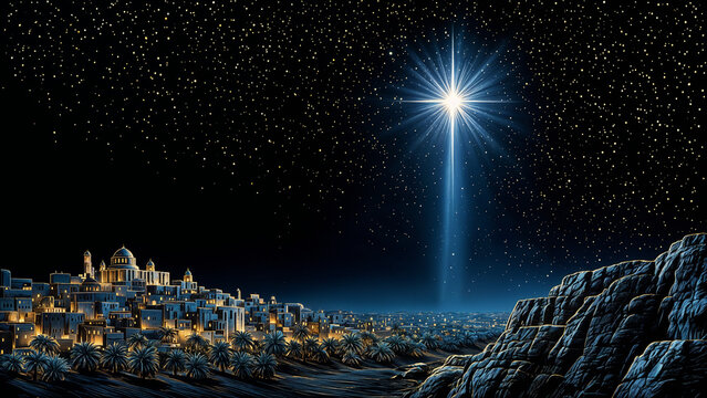 Bethlehem city beneath a radiant star in a dark night sky
