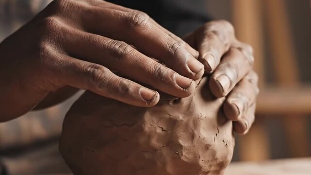 Cinematic Macro Of Weathered Hands Pressing And Shaping Rough Raw Clay Lump In Moody Light