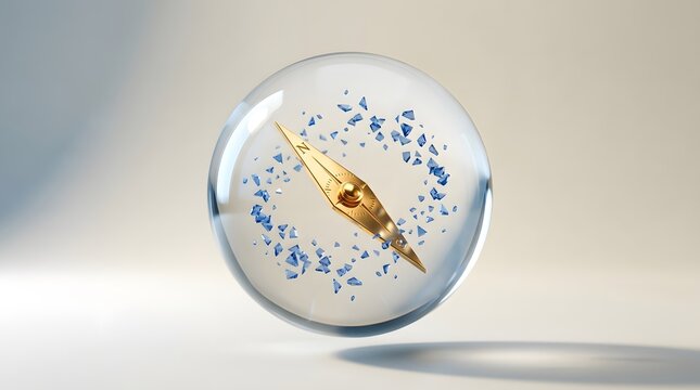 Golden compass needle floating inside transparent glass sphere with blue crystals for navigation and guidance concept.
