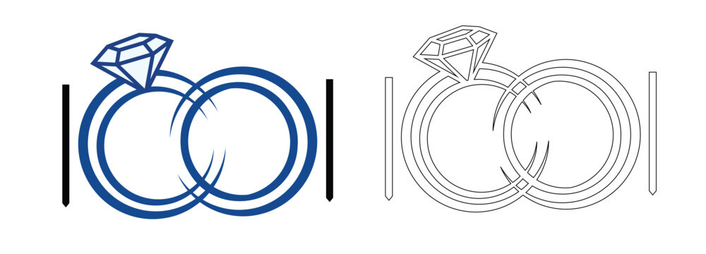 Minimalist wedding ring logo set, interlocking diamond engagement rings in navy blue, jewelry store branding icons, vector wedding bands