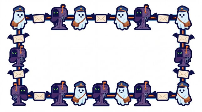 Cute Halloween ghost postman frame with spooky mailboxes and bat envelopes