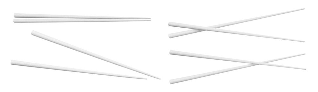 Collection of white chopstick pairs in parallel, open and crossed positions, isolated on transparent cutout background