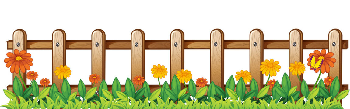 Cartoon style wooden fence with colorful flowers and green leaves isolated on white background transparent background