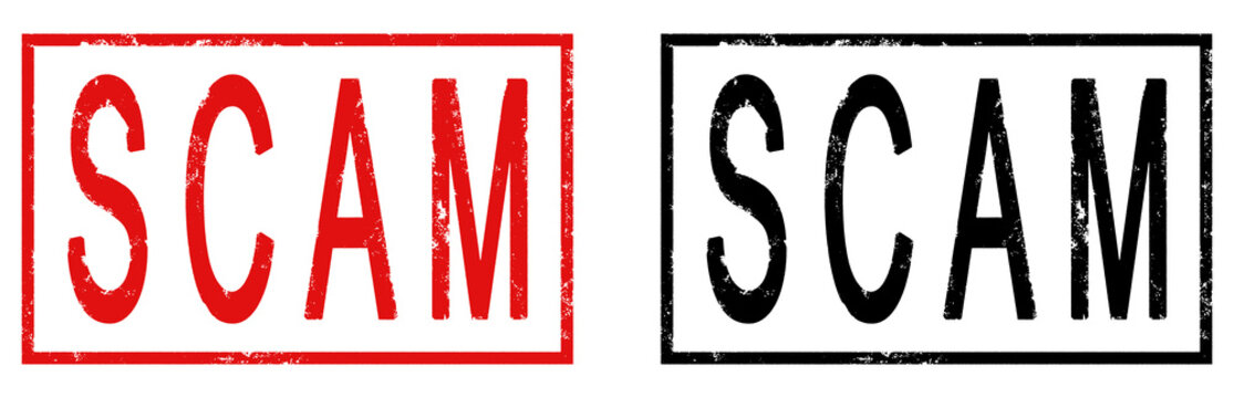 Red and black SCAM rubber stamp labels with distressed edges, designed as warning and fraud alert graphics for digital content, isolated on transparent background.