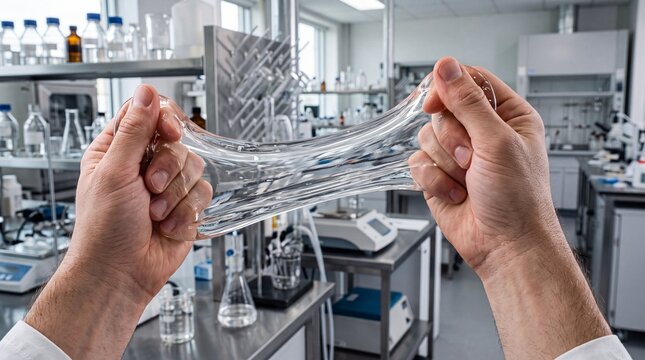 Hands stretching a clear, flexible substance in a modern laboratory