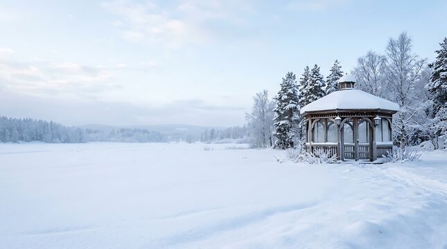 A serene winter landscape with a charming gazebo evoking the spirit of christmas time
