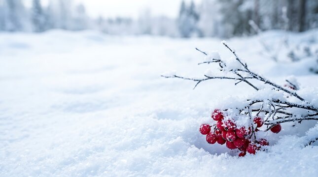 A serene winter landscape with snow covered trees and vibrant red berries christmas scene