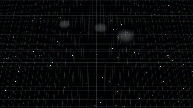 Grid overlay animation covers distant stars and nebulous gas. Space navigational telemetry coordinates project on grid overlay animation. Celestial mapping uses the grid.