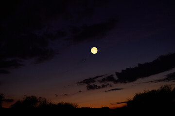 Full Moon on a twilight sky with landscape silhouettes. © astrosystem