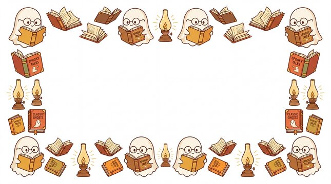 Cute Halloween reading ghost and spooky book vector frame border template