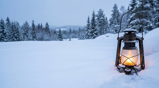 A serene winter landscape with a glowing lantern evoking the magic of christmas time