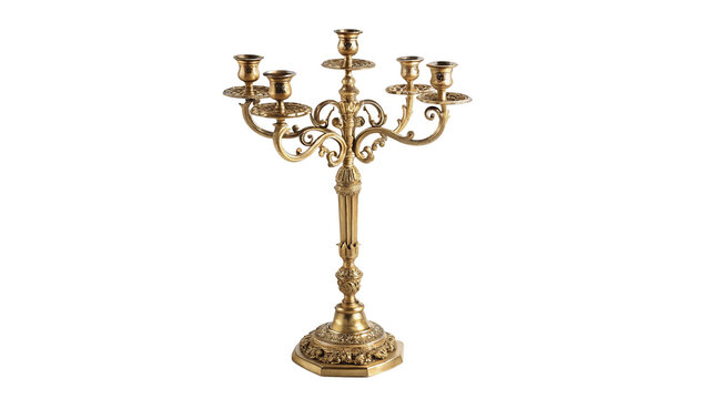 Elegant vintage golden metallic multiple candle holder candelabra isolated on transparent background
