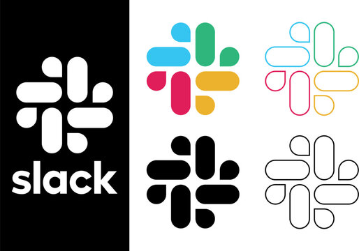 Slack logo collection, modern communication platform branding, team collaboration software icon set, digital messaging service vector graphics for business and tech presentations