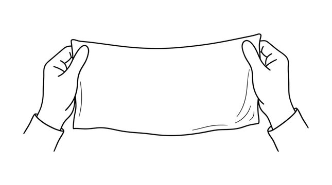 Hands holding a stretched piece of fabric or paper, isolated line art illustration.