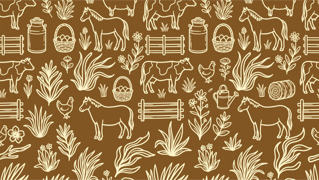 Seamless farm life pattern featuring hand drawn cows, horses, chickens, milk jugs, and egg baskets in a rustic monoline doodle style on a warm brown background for country themes.