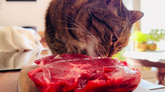 Funny domestic striped cat licking its lips while looking at a big chunk of fresh raw beef meat on a kitchen table. Fluffy pet predator sniffing organic delicious food in a cozy light home interior.
