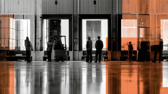 industrial warehouse loading bay area with workers and forklifts standing inside large open loading dock doors reflected on polished glossy concrete floor surface
