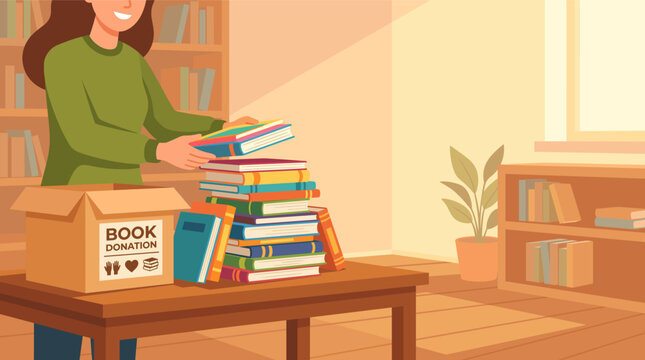 A smiling young woman organizing and putting books into a donation box on a table in a cozy library room, flat design vector illustration