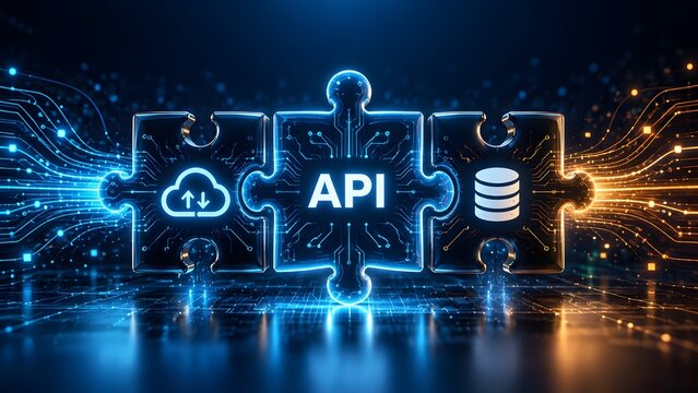 Glowing digital puzzle pieces displaying cloud and database icons representing seamless API system integration
