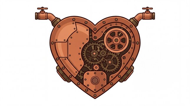 Steampunk heart with mechanical gears and copper pipes