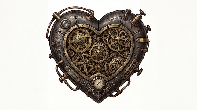 Ornate steampunk heart engine with brass gears and rusty metal pipes