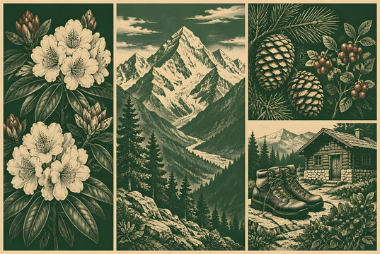 Vintage mountain and botanical collage in forest green engraving style