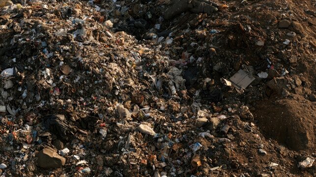 Pile of Rubble: A close-up view of a large pile of construction rubble and debris, showing a mixture of broken concrete, brick fragments, and dirt, indicative of demolition or waste