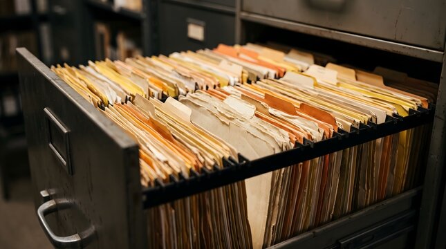 Open metal file drawer overflowing with weathered yellow and orange document folders in a dark office archive for information retrieval and storage management concept.