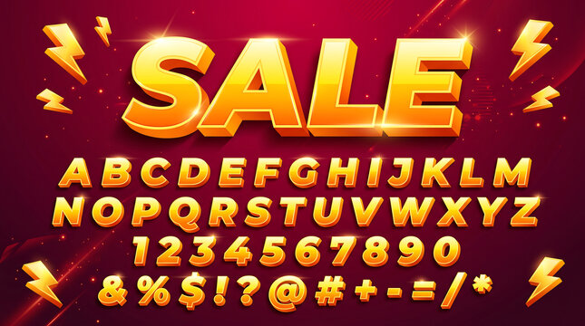 3D metallic alphabet and numeric character set with glossy gold and red gradient finish and lightning bolt icons for modern graphic design