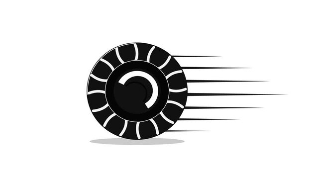 Minimalist black and white vector animation of a performance vehicle tire rotating at high speed with curved tread details, C-shaped inner rim and sha.