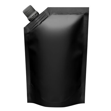 Black flexible spout pouch with screw cap and blank surface, isolated on transparent cutout background