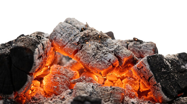 Glowing charcoal embers glowing with heat, burning wood coals for outdoor barbecue, hot glowing embers isolated on white background