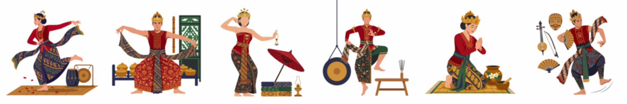 Traditional Indonesian Javanese Dancers and Cultural Symbols Illustration Set