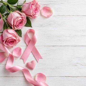 Pink awareness ribbon, pink roses, petals, felt heart on white wooden table, breast cancer awareness, copy space