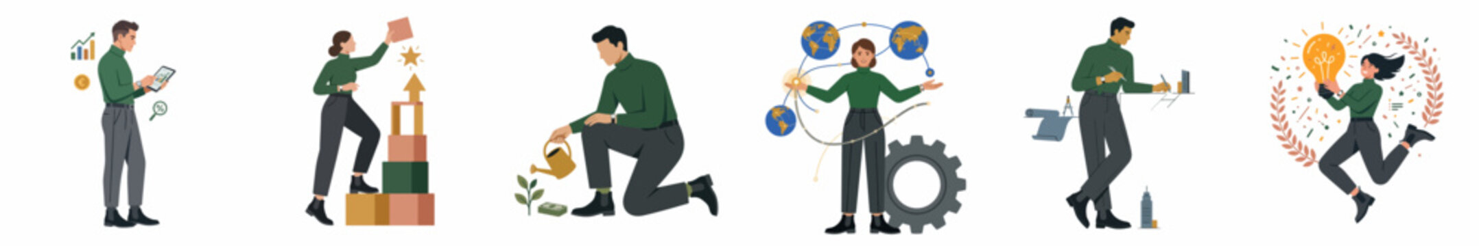 Flat vector illustrations of diverse professionals engaged in business activities like data analysis, growth strategy, global management, multitasking, and creative innovation.