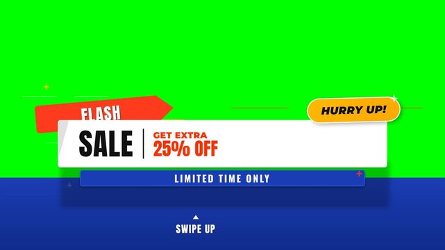 Modern dynamic 16:9 e-commerce flash sale banner featuring layered promotional ribbons, SALE and 25 percent off typography, HURRY UP badge, limited ti.