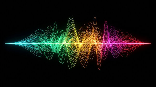 Abstract sound wave visualization with vibrant rainbow colors on a deep black background