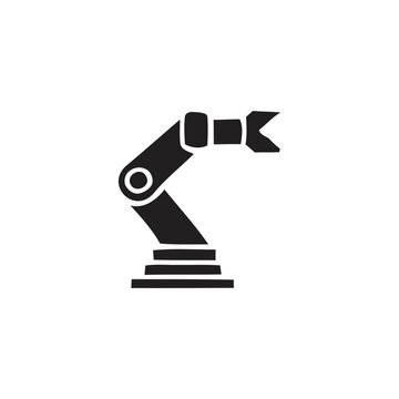 Minimalist robotic arm icon, industrial automation symbol, science and technology illustration, black vector design for manufacturing, digitized machinery, robotic arm