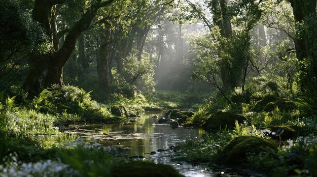 Enchanted Woodland Stream: Sunbeams pierce through a dense, ancient forest canopy, illuminating a babbling brook that winds through moss-covered rocks and lush undergrowth.
