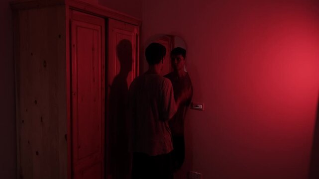 Man staring at himself in a mirror and repeatedly slapping his face, expressing intense self rejection, shame, guilt and harsh self criticism in a dark red low key bedroom