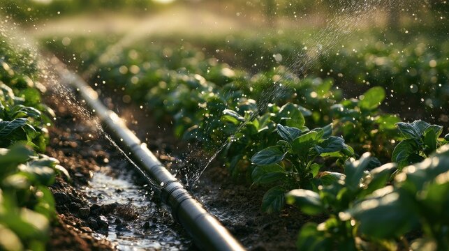 Drip irrigation system watering green plants in a field during golden hour