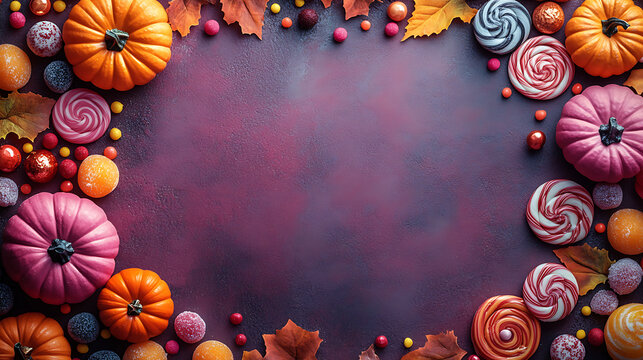 Top view flat lay frame of pink and orange Halloween pumpkins swirl lollipops gummy candies and autumn leaves