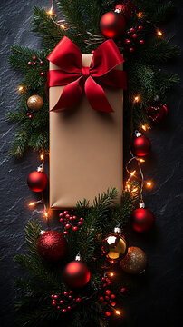Vertical flat lay of a long brown kraft Christmas gift box with a red satin bow pine branches and baubles
