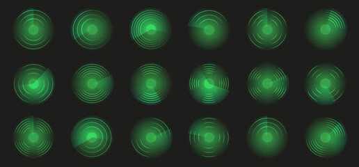 Fototapeta premium Green radar screen collection with glowing circular signals and rotating scanning sectors